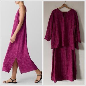 Eileen Fisher Puckered Organic Linen Plaid Dress & Blouse Top Sz 1X Coastal Boho